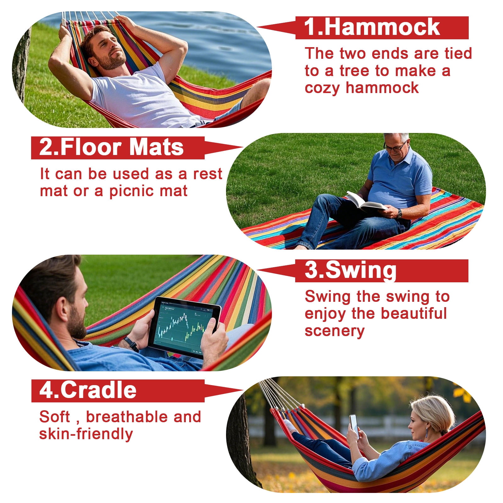 Double Hammock with Tree Swing Straps Holds 440lbs Capacity Hammock for Camping Outside Garden Outdoor Indoor Patio Backyard, Rainbow