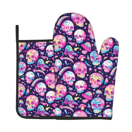 

Junzan Skull mushroom colorful cute Pattern Oven Mitts and Pot Holders 2 pcs Set Potholders BBQ Gloves Long Kitchen Oven Glove for Cooking Baking Grilling (2-Piece Set 11 Inch)