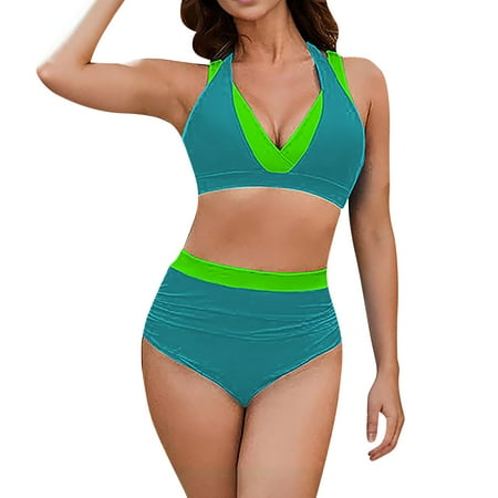 QIJIE Bikini Sets for Women Two Piece Womens Swimsuits Tops Bathing Suit High Waisted Color Block Bikini Dark Green L