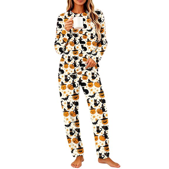 Women's Halloween Pajama Set Long Sleeve Pullover Top and Pants Pumpkin Ghost Print 2-Piece Sleepwear