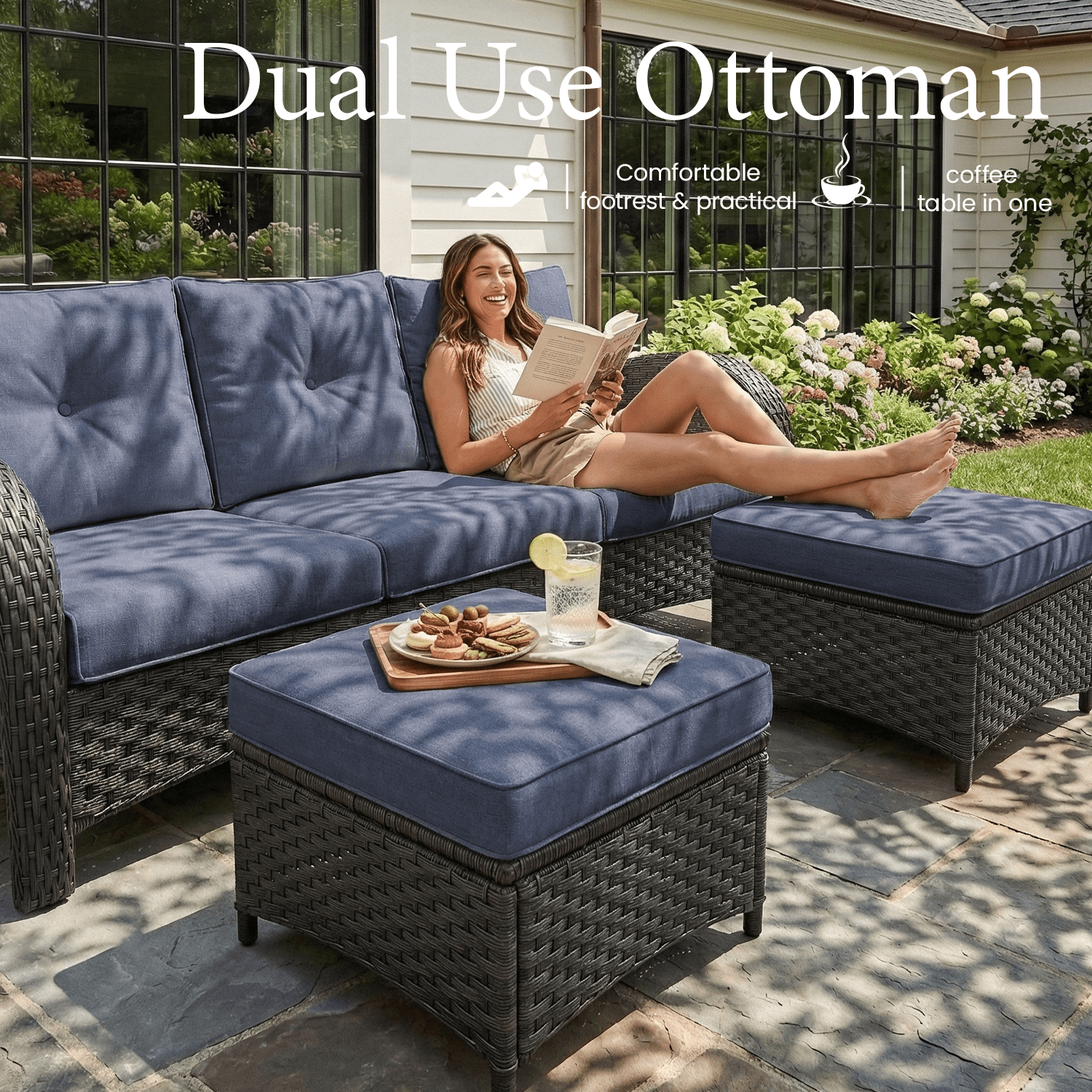 LayinSun 6 Pieces Patio Outdoor Conversation Set, Wicker Furniture Set with Swivel Chairs and Ottomans 7-Seat