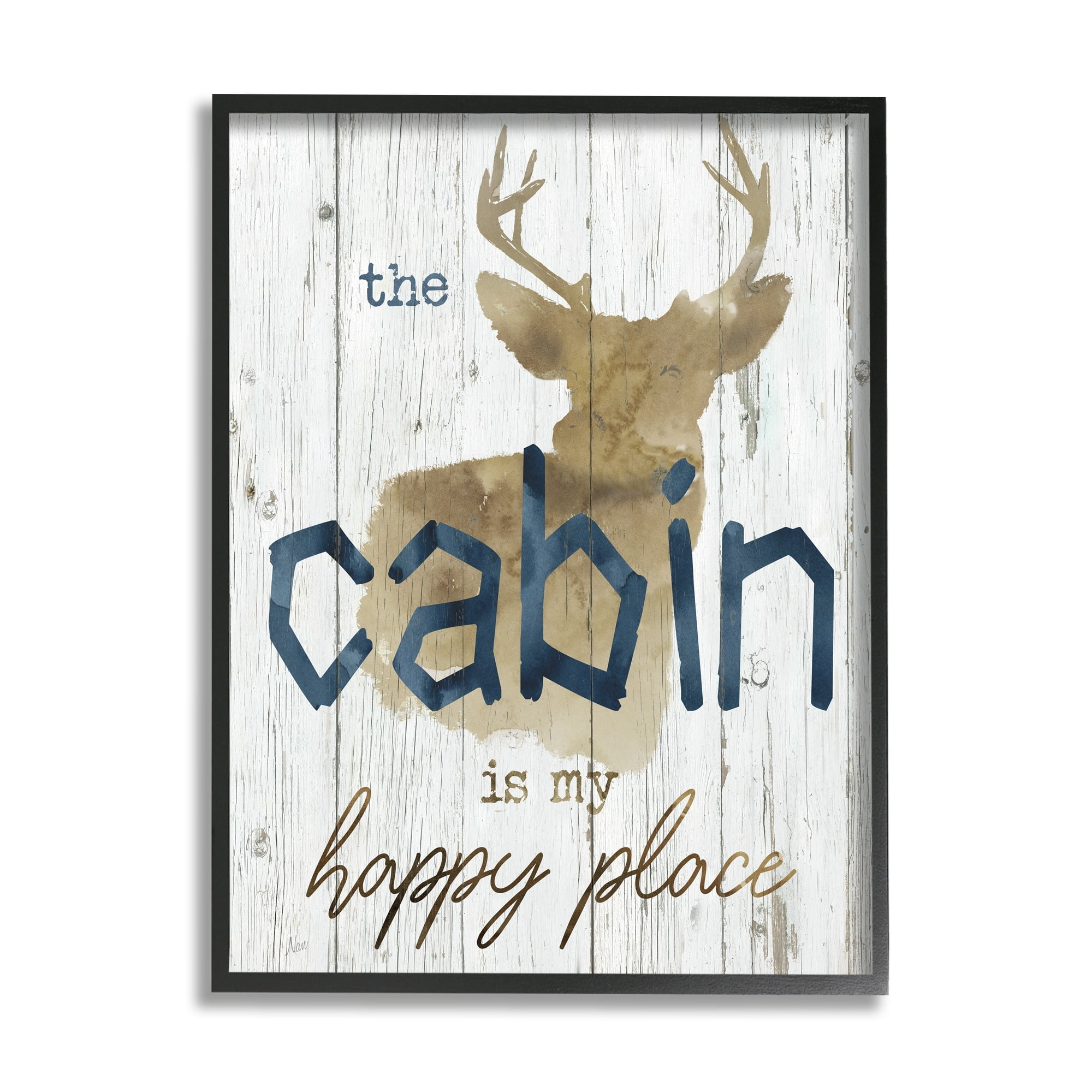 Stupell Industries Cabin Happy Place Rustic Deer Silhouette Sign Graphic Art Gray Framed Art Print Wall Art, 11x14, by Nan
