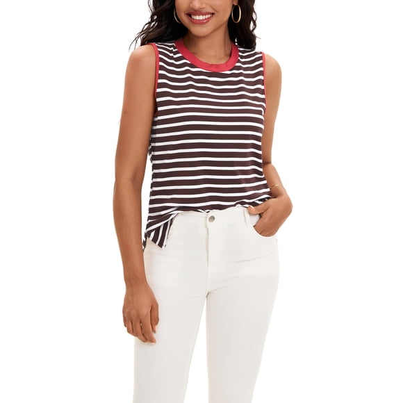 Top sin mangas de mujer ATHLECHIC a rayas con bloque de color y aberturas laterales, verano, L marrón rojo