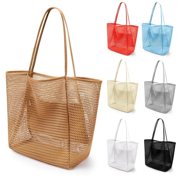 VOROLO - Bolso de playa de malla para mujer, bolso de hombro para mujer, bolso de ganchillo casual de verano suave, Caqui, Large