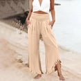 thumbnail image 3 of Domzle Womens Linen Pants Summer 2026 Wide Leg Pants Smocked Waist Ruffle Palazzo Pant Boho Flowy Casual Beach Pant with Pockets Light Brown 3XL Sweatpants, 3 of 7