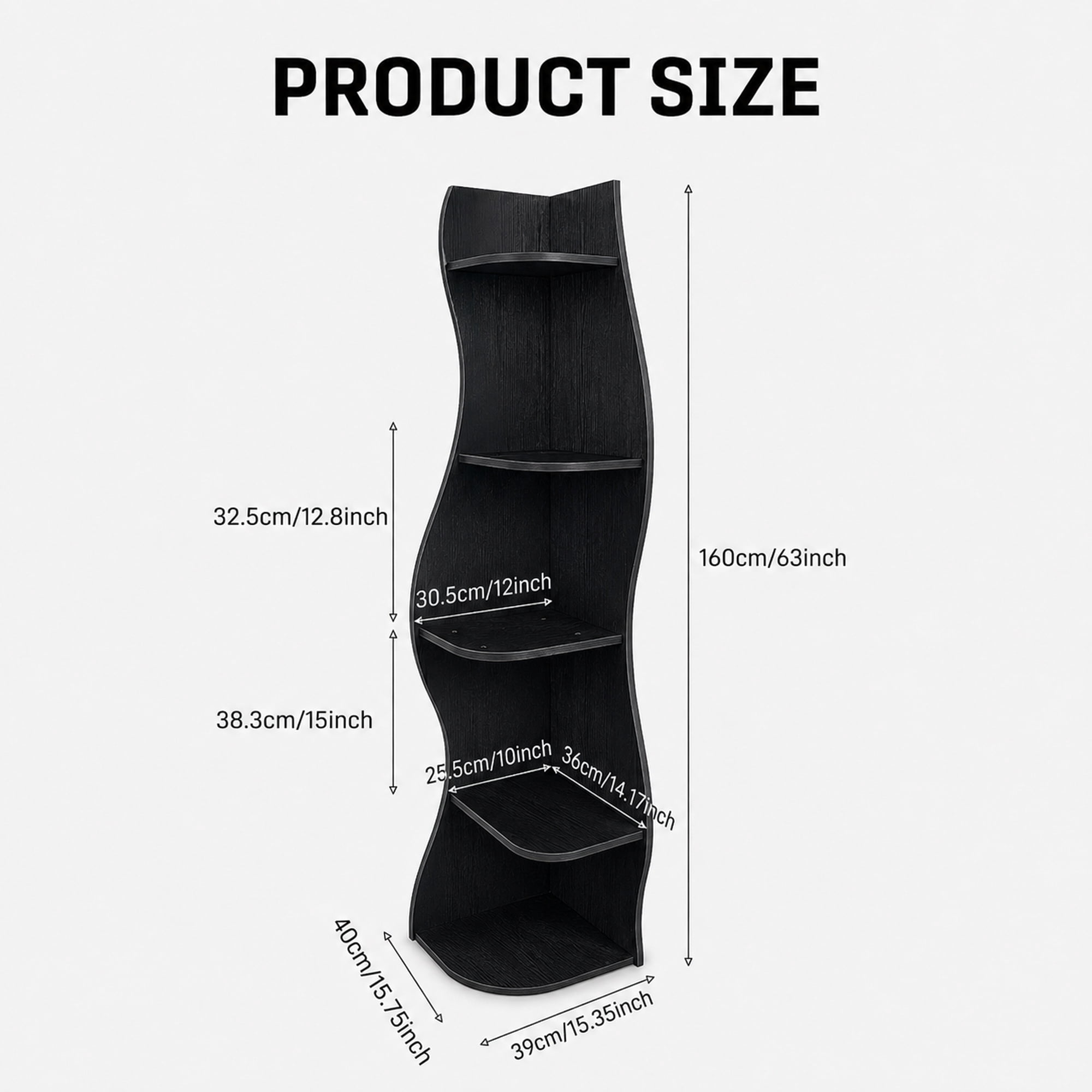 Leumius 5-Tier Bookshelf,Freestanding S-Shaped Corner Shelf Curved Display Rack,Space-Saving Corner Display Bookshelf/Plant Stand for Living Room Home Office,Black