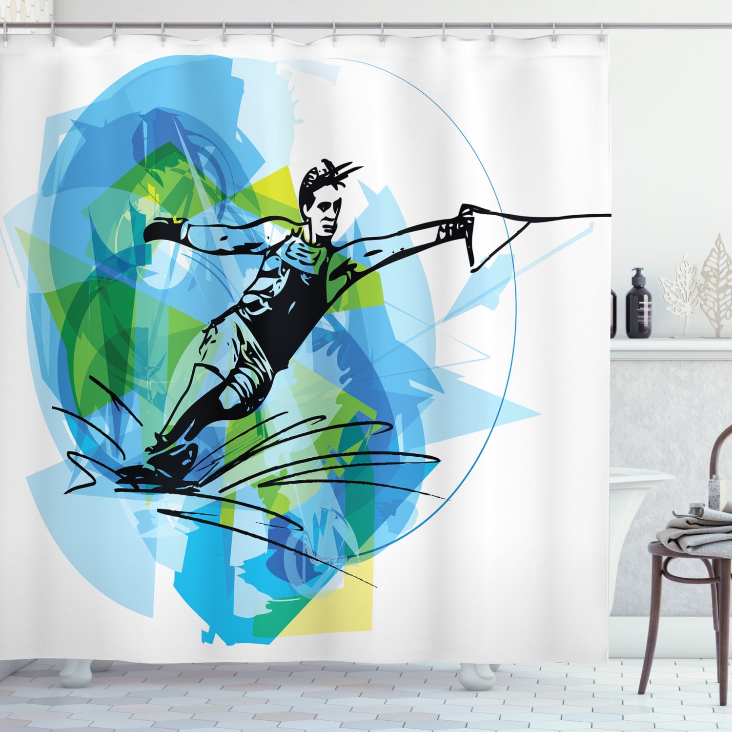 Sports Shower Curtain, Man Athlete Water Skiing Energic Dynamic Exotic