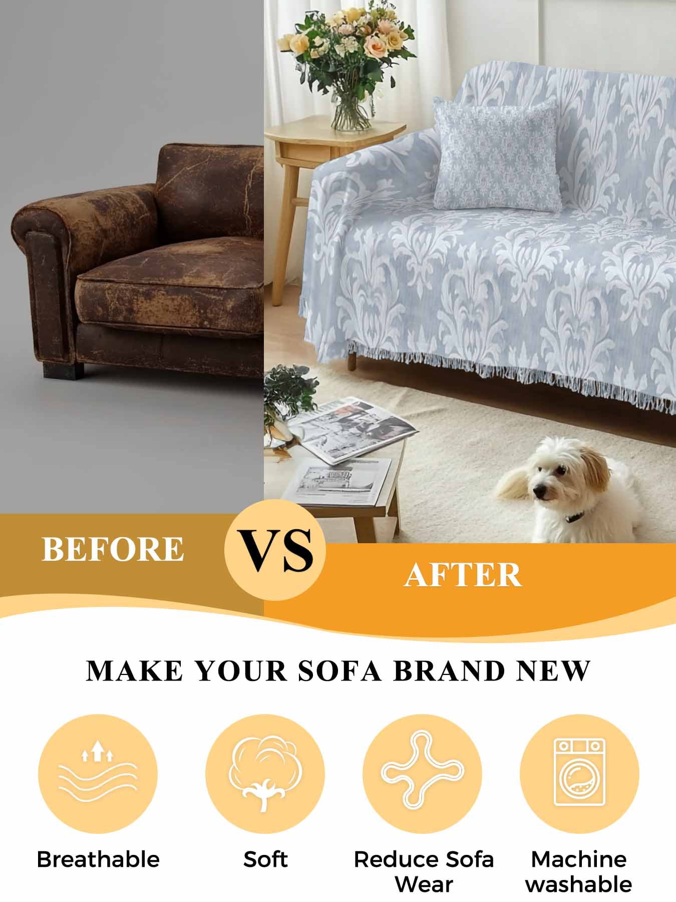 Haze Blue Boho Couch Cover, Neutral Middle Century Turkish Pattern Sofa Cover Blanket for 1 Seat Cushion,Sectional Sofa Slipcover Furniture Protector for Living Room Bedroom 71''x91''