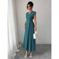 thumbnail image 6 of Teal Blue Womens V-Neck Ruched Waist Pleated Maxi Dress With Drop Shoulder Sleeve, 6 of 6