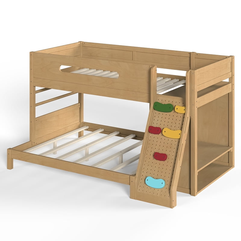 Twin/Twin XL Over Full Bunk Bed with Built-in Wardrobe, Storage Shelves, Rock Climbing Wall, Solid Wood Bunk Bed Fram with Full-Length Guardrails, No Box Spring Needed