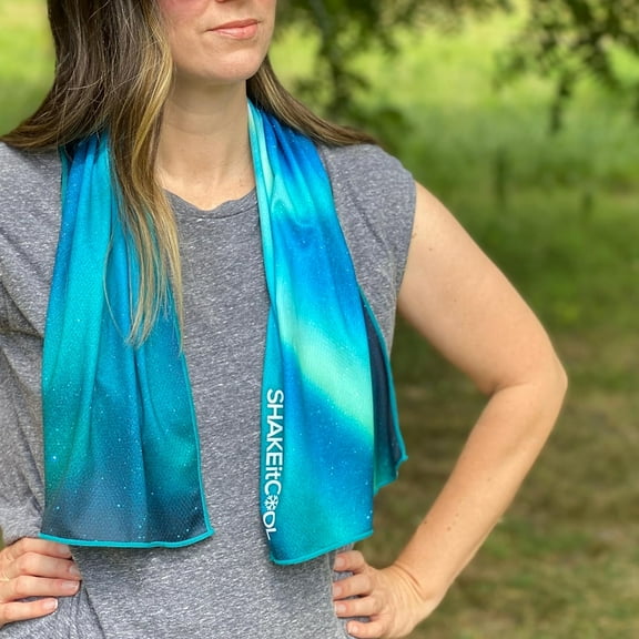 SHAKEitCOOL Extended Size Cooling Towel  Be Cool in Style - Heat Relief, Soft, Lightweight, Sun Protection, Easy Clean - Perfect for Biking, Hiking, Running, Yoga, Golf, Gardening - Alaskan Sky M
