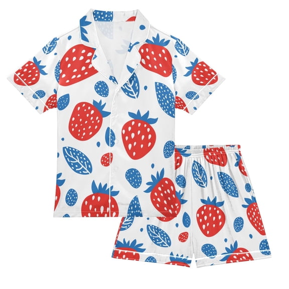 FORMRS Niños Short Sleeve Top and Pants Pajama Set Unisex Satin 2-Piece Sleepwear, Sizes 5-6Y, Playful Strawberries