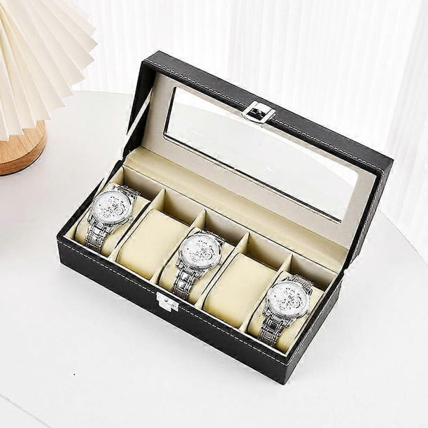 Caja de cuero para relojes con 5 compartimentos, estuche para relojes, expositor de relojes, organizador de joyas para hombres y mujeres.