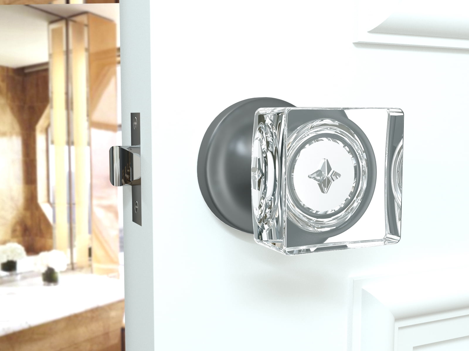 Privacy Square Crystal Door Knobs Dark Grey Round Rosette