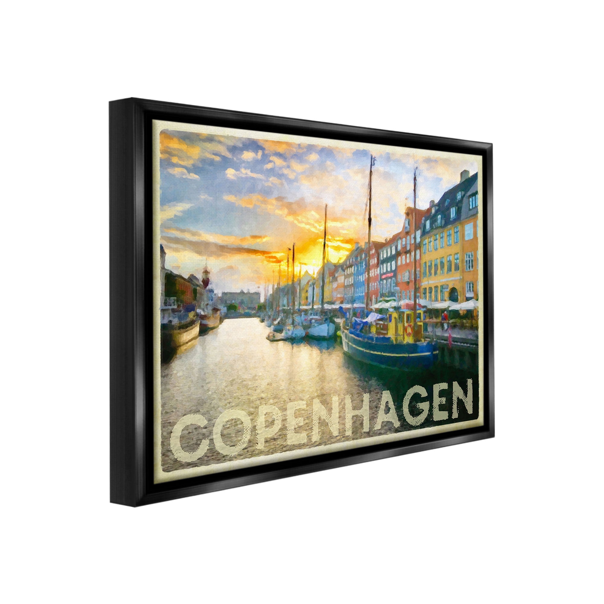 Stupell Industries Copenhagen Canal Boats Transportation Painting Black Floater Framed Canvas Art Print Wall Art, 31 x 25