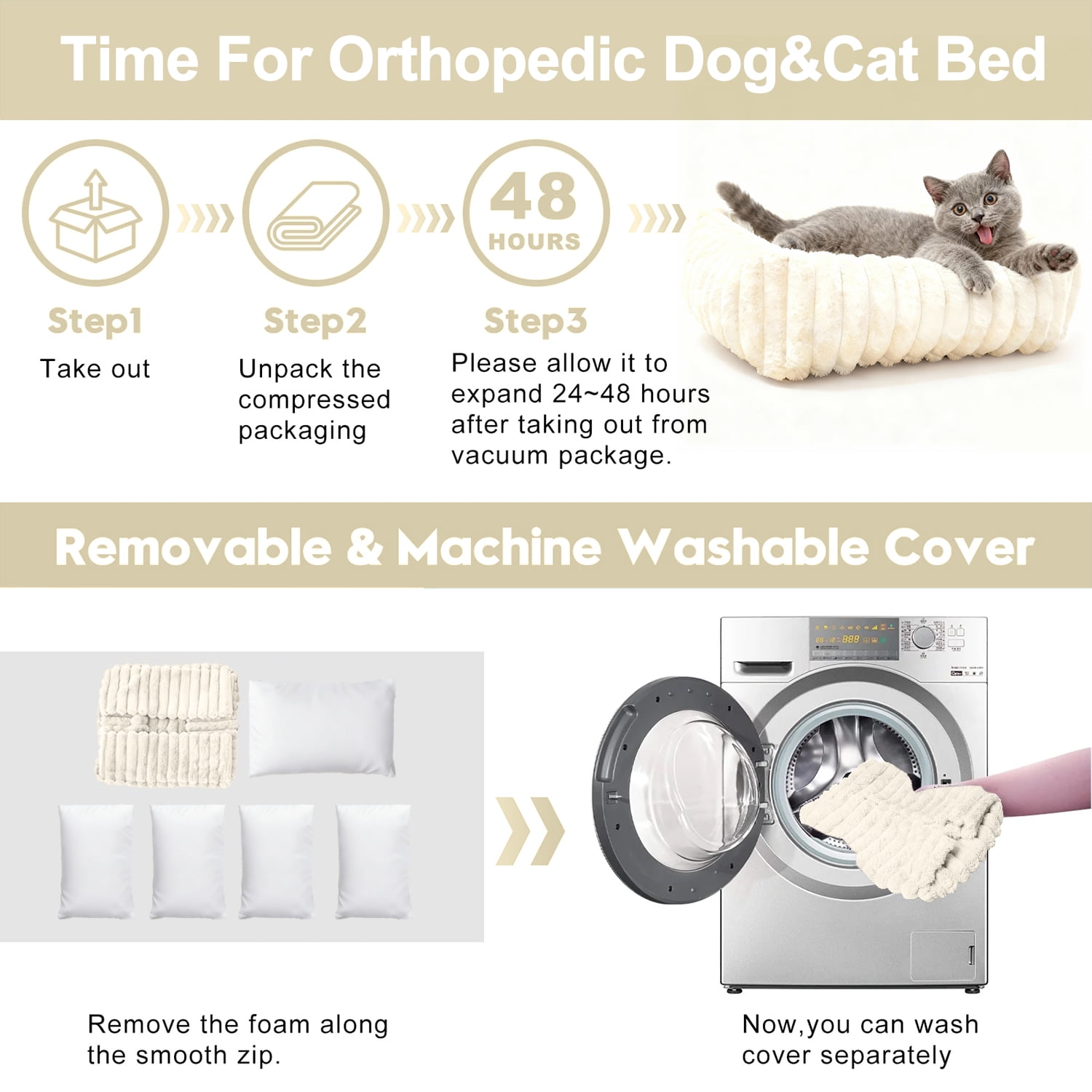 Sanmadrola Cat Bed for Indoor Cats Furry Corduroy Fleece Orthopedic Pet Bed Sofa Removable Washable Cover Non Skid Bottom, White