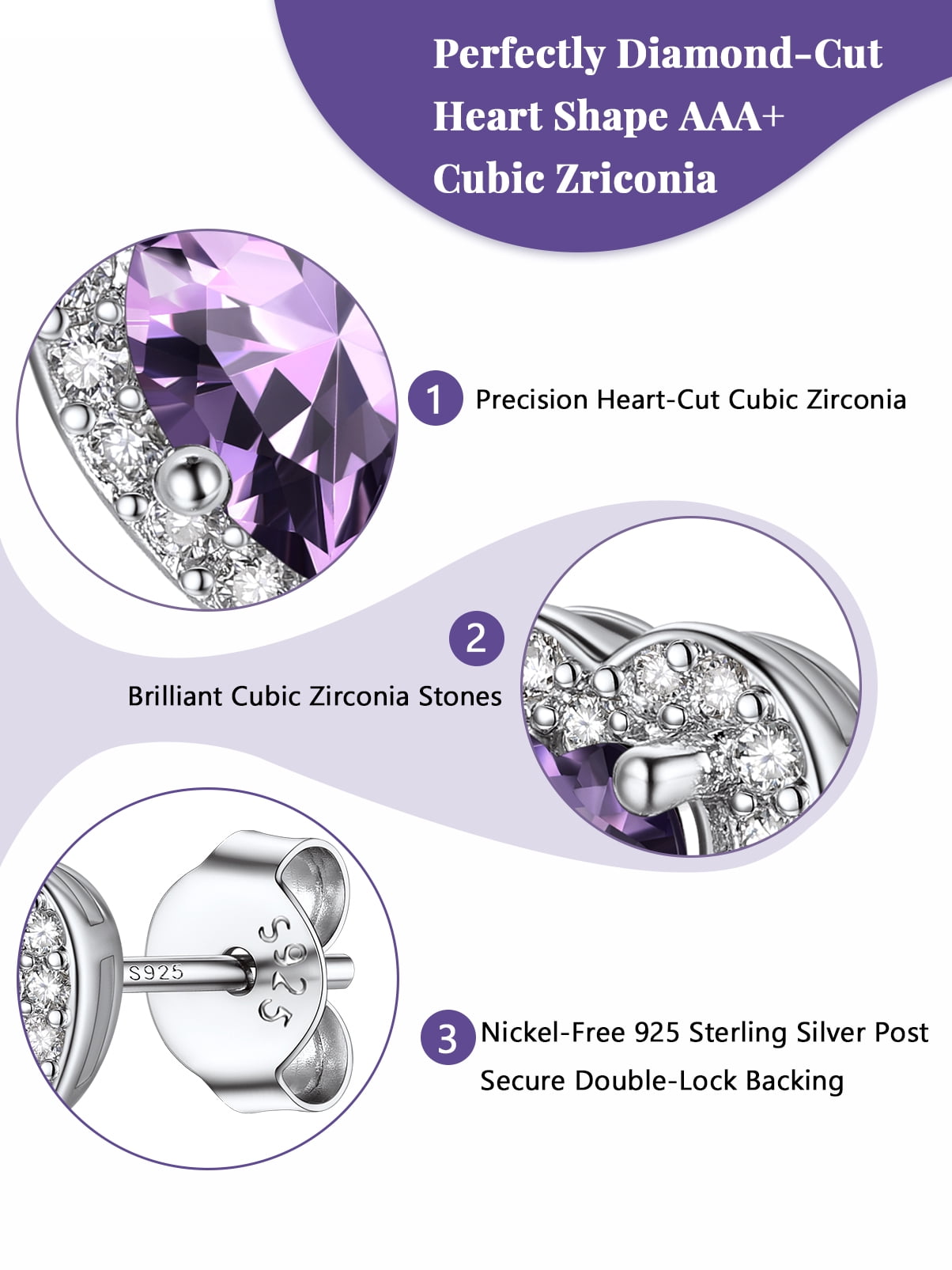 Silvora 925 Sterling Silver Heart Stud Earrings for Women February Birthstone Elegant Earring Birthday, Anniversary, Christmas Jewelry Gift
