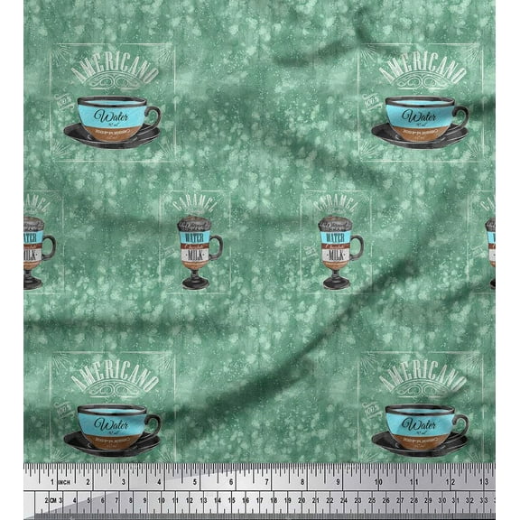 Soimoi Green Cotton Voile Fabric Caramel & Americano Coffee Beverages Fabric Prints By Yard 42 Inch Wide