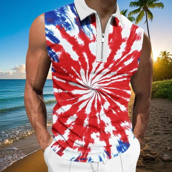 cllios Mens Independence Day Golf Shirts Moisture Wicking Quick Dry Sleeveless Athletic Shirts 4th of July 1/4 Zip Up Lapel T-Shirts Patriotic Golf Tshirts for Men