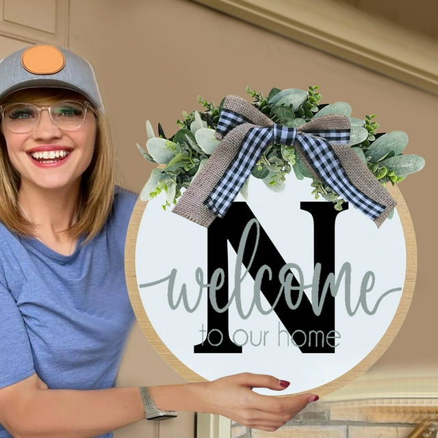 Couronne de Porte d'Entrée Toute l'Année avec Nœud Décoratif Style Ferme pour Entrée Extérieure