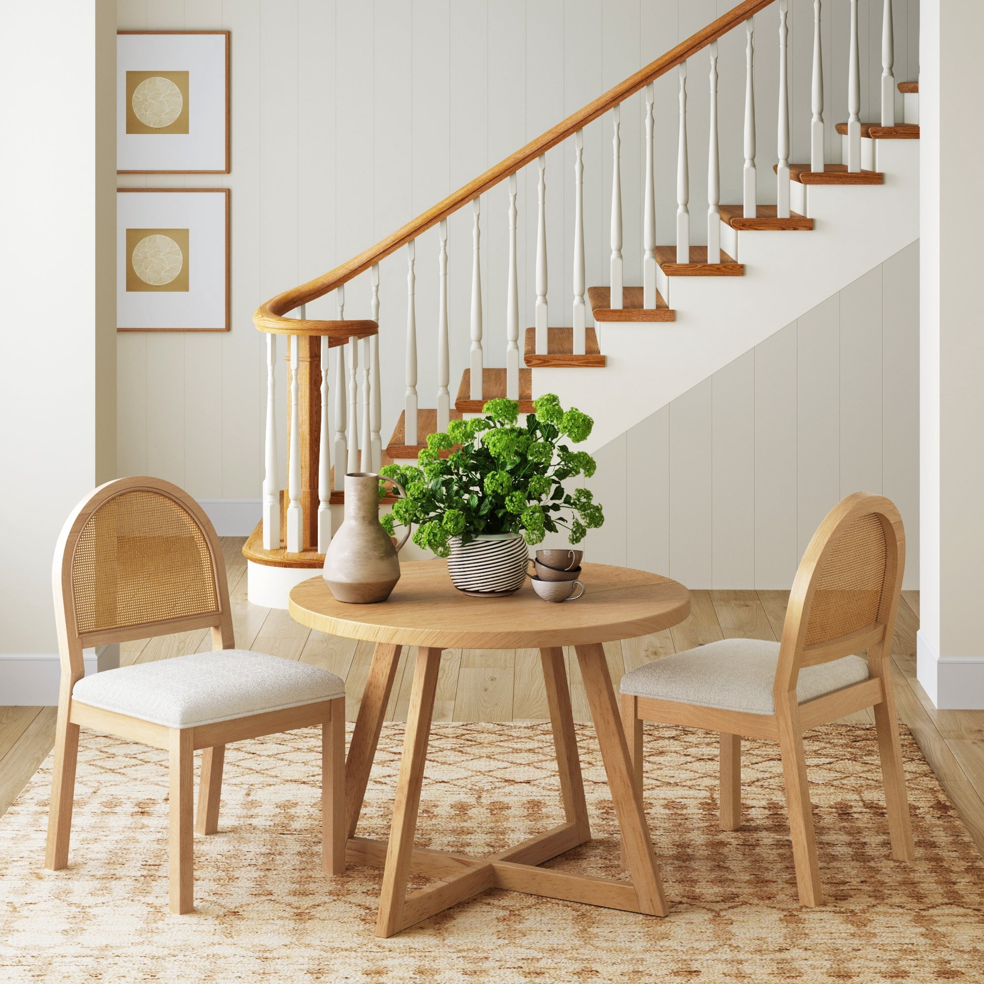 Nathan James Bailey 19 in. Boucle Dining Chair, Upholstered Side Chair with Natural Woven Rattan Back and Solid Wood Legs, Natural Brown, Set of 2