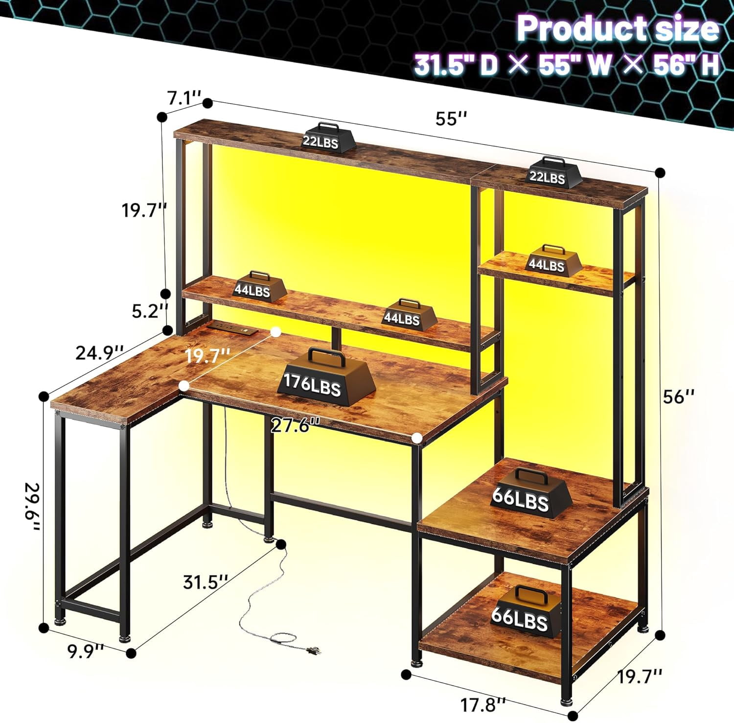 Gaming Desk with LED Lights & Outlets,55" L Shaped Computer Desk with Shelves & Storage Hutch,Reversible Corner Gaming Table with Printer Space & Monitor Stand for Home Office,Rustic Brown
