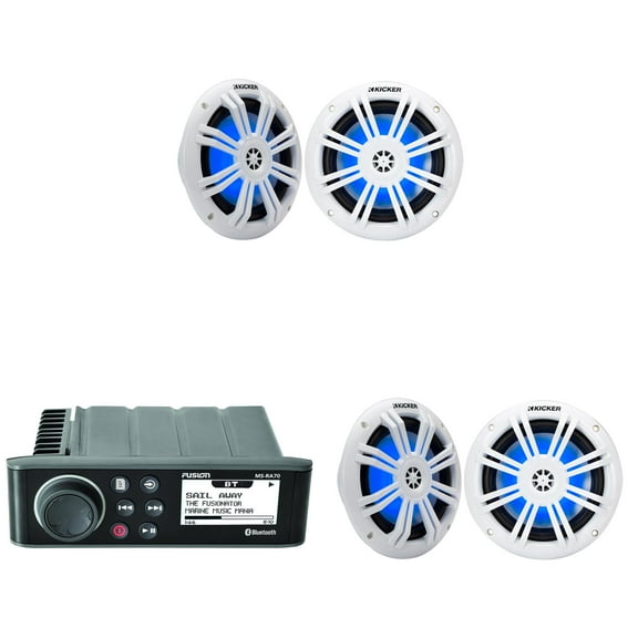 Fusion Entertainment MS-RA70 Marine Entertainment System with Bluetooth With 2 Pairs 51KM604WL KM 6.5" 4Ω LED Marine Coaxial Speakers - Pair