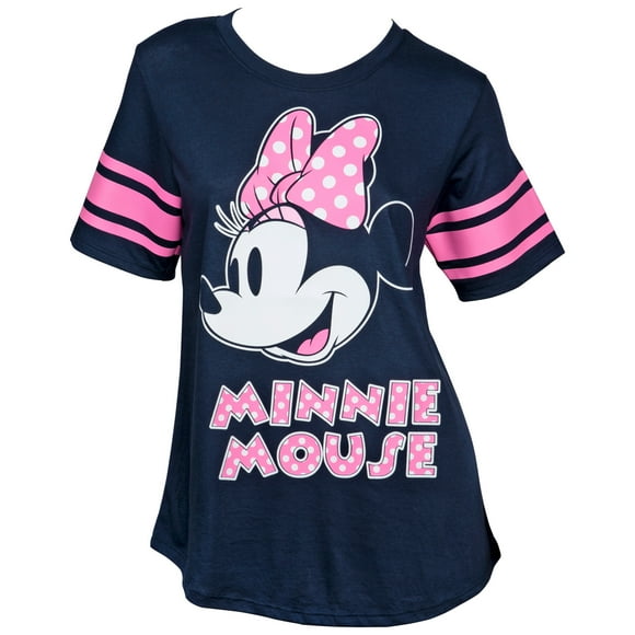 Disney Minnie Mouse Pink Polka Dot Women's Striped Football T-Shirt-Small