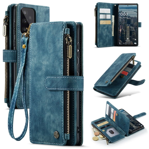 Allytech Wallet Case for Samsung Galaxy A53 5G, Card Slots   Cash Slot   Zipper Pocket Large Capacity PU Leather Case with Hand Strap, [All-Round Shockproof] Wireless Charging Kickstand Case, Blue