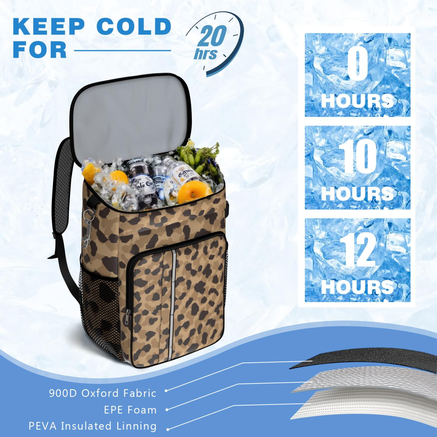 Travel Cooler Bag - Beige and Black Leopard Pattern Camping Beer Cooler Backpack with Bottle Opener- Waterproof Insulated Picnic Backpacks - Cooler Bag for Beach