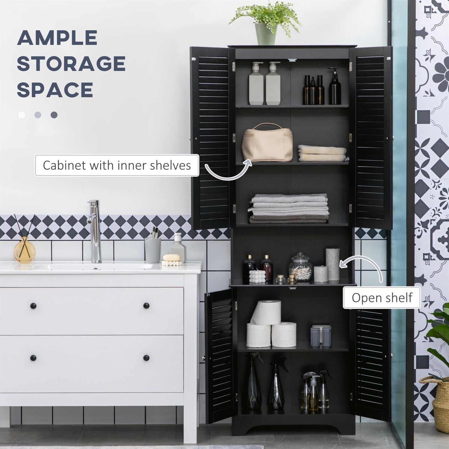 Demi Bonn 71" Tall Narrow Bathroom Storage Cabinet with Adjustable Shelves, Freestanding Linen Cabinet with 2 Cabinets & Countertop, Storage for Narrow Spaces, Black