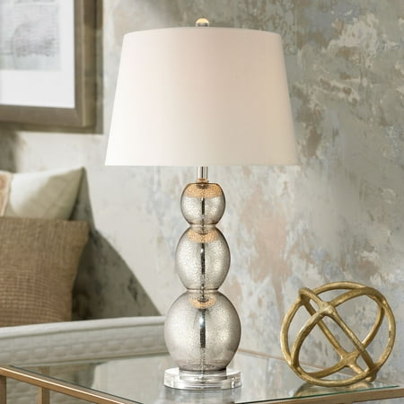Assembly Satin White Glass Antique - 360 Lighting Modern Table Lamp Antique Mercury Glass Triple Gourd Off White Linen Drum Shade for Living Room Family Bedroom