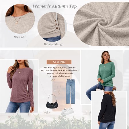 SUNBS Women's Long Sleeve Tunic Blouses Fall Button Side Ruched Shirts Crewneck Casual Tops Fashion Clothes