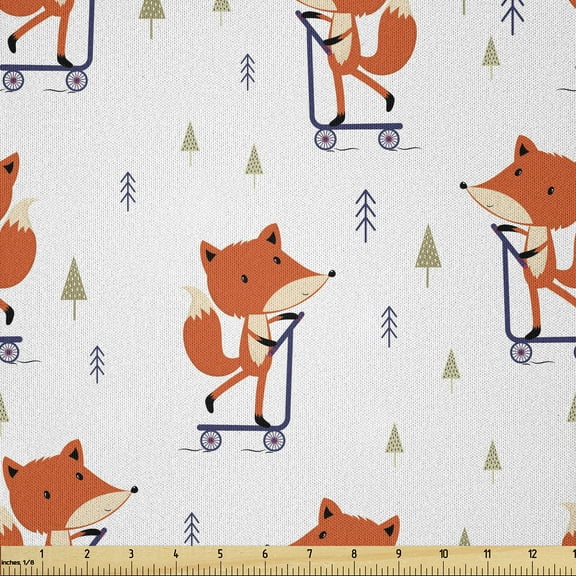 Ambesonne Fox Fabric by the Yard Microfiber, Animal with Scooter Tiny Trees, 1 Yard, Burnt Orange Indigo