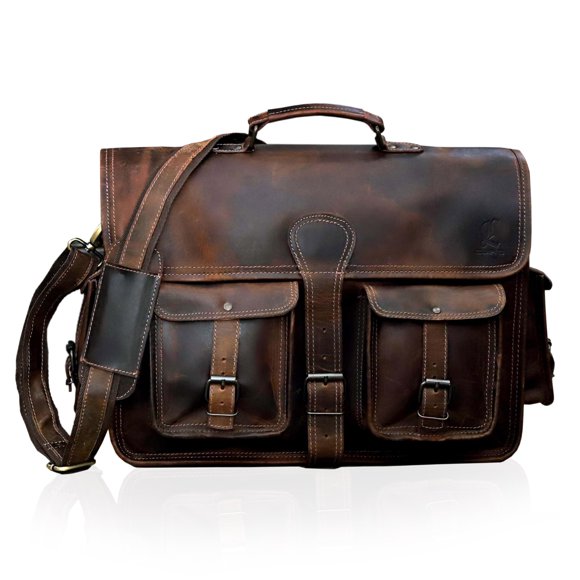 Leather Briefcase Work Bag for Men Women Dark Brown Crossbody Genuine Leather Satchel Office Bag for Men Women 18 Inch Computer Travel Messenger Lapt