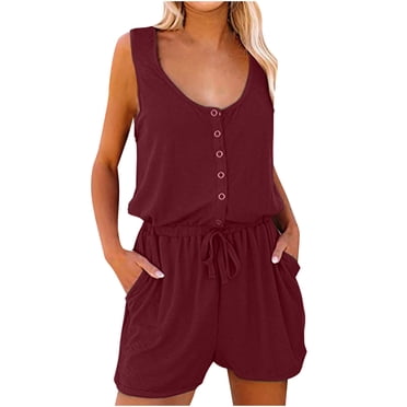 Cotton Tank Short Jumpsuits Womens Summer Button Down Elastic Drawcord Waist Sleeveless Romper Shorts Pocketed (XL, Wine)