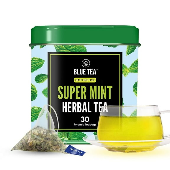 BLUE TEA - Super Mint Tea - 30 Count - Pyramid Plant Based Tea Bag | Herbal Tea - Caffeine Free - Tin Pack