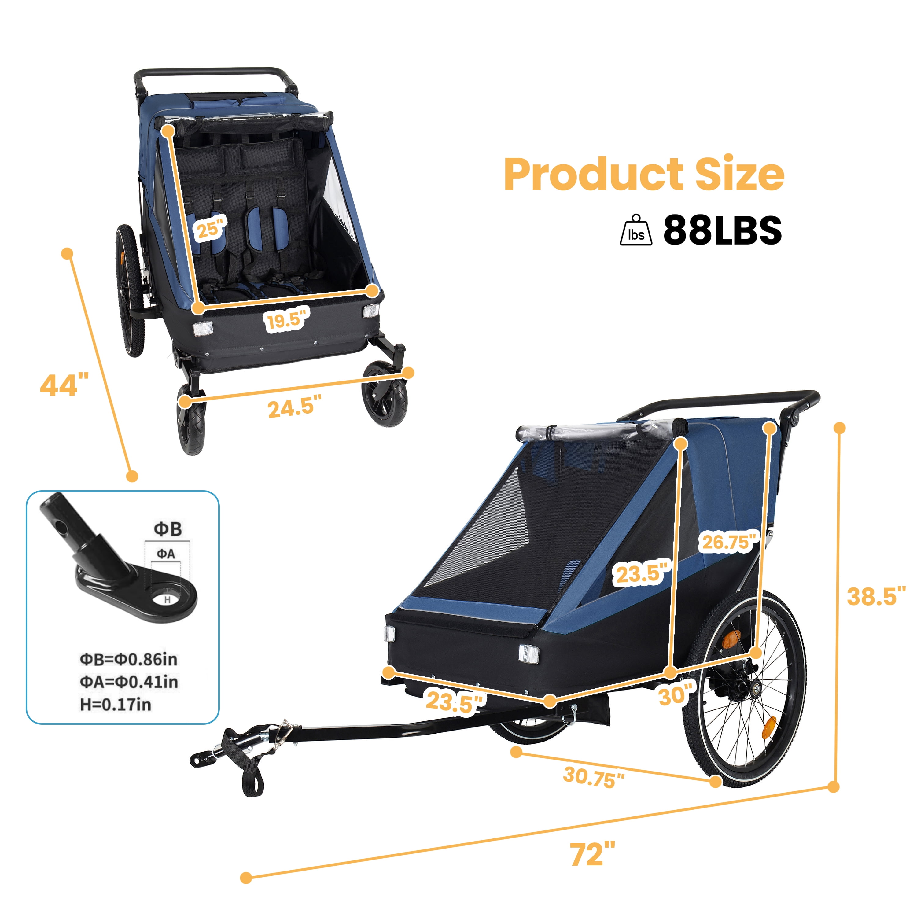 2 in 1 Kids Bike Trailer and Stroller for 1 to 2 Children, Jogging Function, Foldable Compact Storage with Universal Bike Hitch, 5-Point Harness and Storage Bags, Dark Blue
