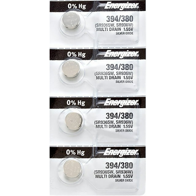 4 x Energizer 394 watch batteries, SR936SW or 380 battery, displayed in a blister pack. These silver oxide batteries have a voltage of 1.5V and are suitable for watches, calculators, car starters, keyless remotes, health monitors, and glucose monitors. The packaging highlights 0% mercury content and multi-drain functionality.