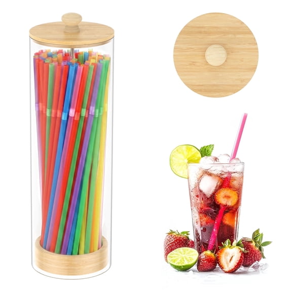 Xdziklosj 10 inch Straws Holder Dispenser with 100 Colorful Straws Acrylic Straw Organizer with Bamboo Lid ransparent Counter Container Countertop Organizer for Kitchen Office Cabinet