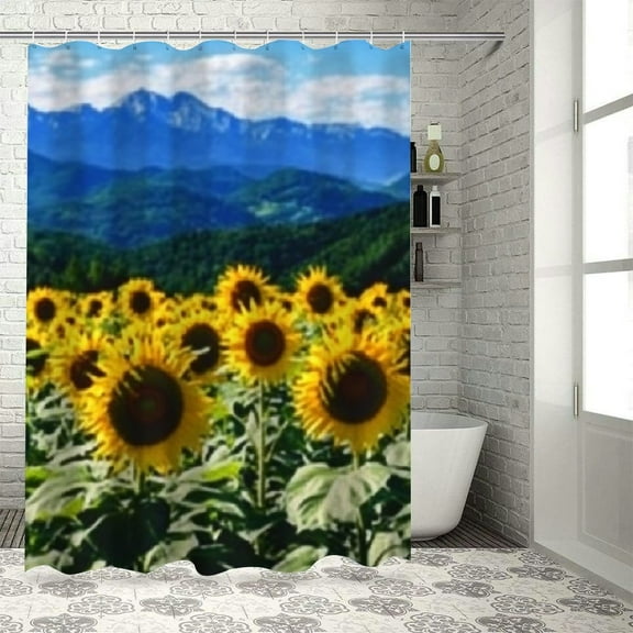 Patifu Sunflowers Mountains Blue Sky Bathroom Shower Curtain Set with Hooks 100% Polyester Waterproof Fabric for Bathroom Decor 36"x72