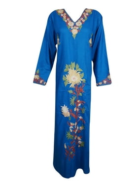 Mogul Women Blue Floral Embroidered Maxi Kaftan Dress V-Neck Lounger Caftan Cover Up Long Tunic Dresses L