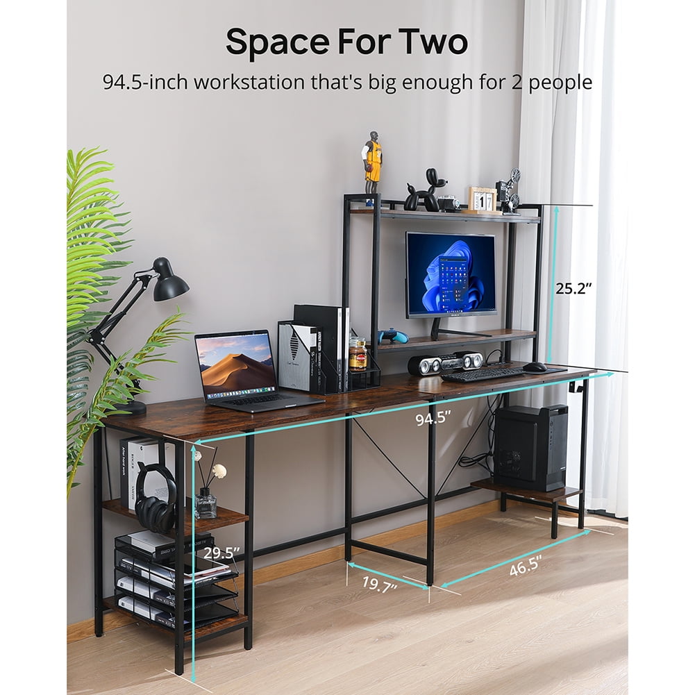 Resenkos 94.5” Computer Desk Console Table, Two Person L-Shaped Gaming Desk Office Desk with Outlets and USB Ports for Home Office, Adjustable Shelf, Brown Resenkos 94.5” Computer Desk Console Table, Two Person L-Shaped Gaming Desk Office Desk with Outlets and USB Ports for Home Office, Adjustable Shelf, Brown