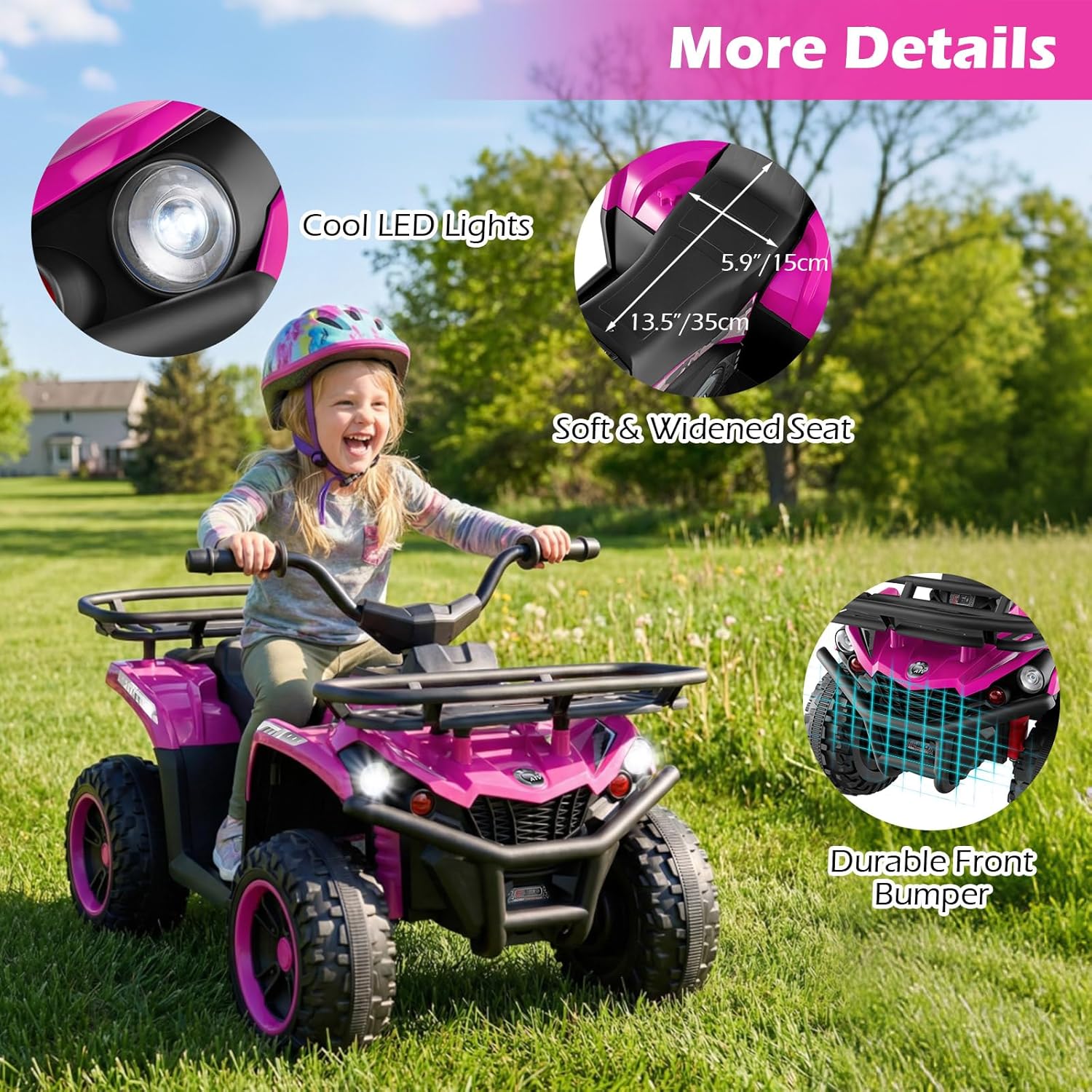 OLAKIDS 12V Kids ATV Quad with 2 Speeds, Spring Suspension, LED Lights, Music & Story Player, Big Tires, 2 Storage Spaces, Ride On Car for Boys Girls Ages 3+