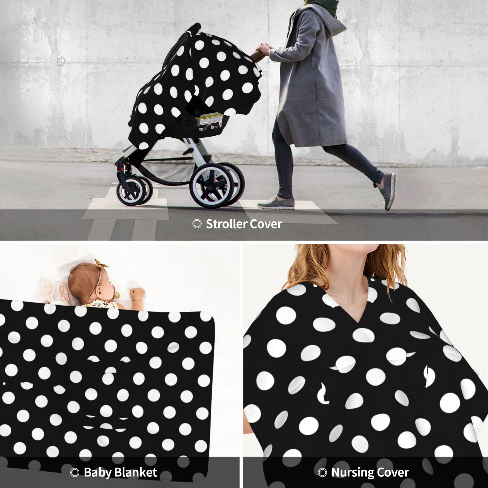 Car Seat Cover Baby - vintage white polka dot black Breathable Infant Car Seat Cover for Baby Carseat, Lightweight Comfort Baby Essentials Must Haves Newborn Stuff for Girl Boy