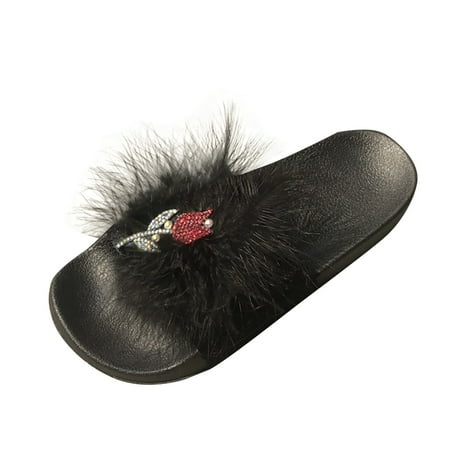 

Sandals Women Sandals Women s Summer Fashion Plush Flowers Decoration Slippers Solid Color Flat Shoes Black