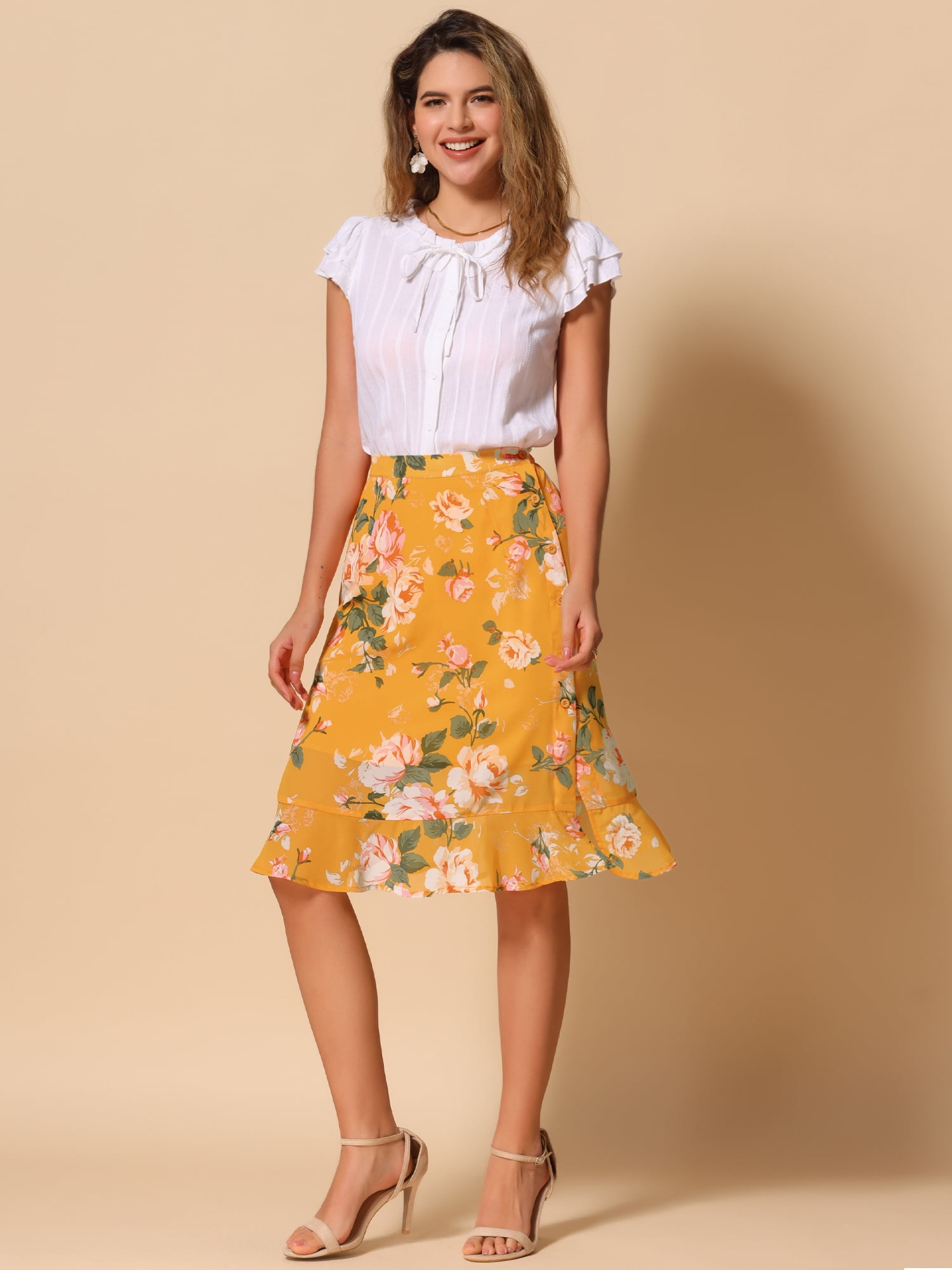 DARING DIVA Women's Floral Ruffle Hem Elastic Back Split Skirt L Yellow