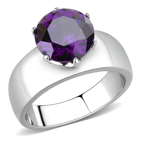 High polished (no plating) Stainless Steel Ring with AAA Grade CZ in Amethyst for Women Amethyst Stone Color Style TK52002 Size 10