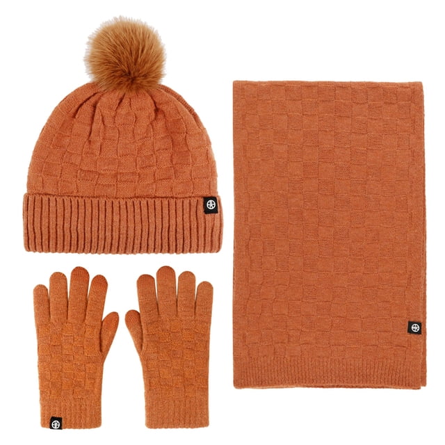 MIASHUI Winter Outdoor Warm Cold Protection Hat, Scarf, and Gloves Three-Piece Set, Plaid Pattern Knit Scarf for Women Orange