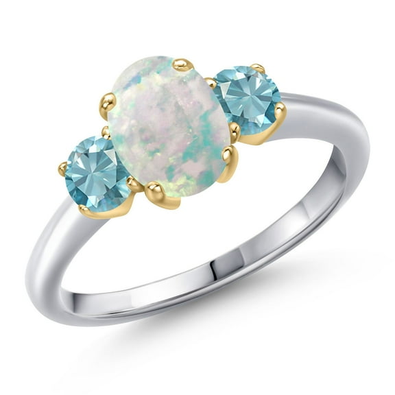 Gem Stone King 10K Two Tone Gold Simulated White Opal and Blue Zircon Engagement Ring for Women | 2.00 Cttw | Oval Cabochon 8X6MM | Gemstone October Birthstone | Size 7